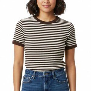 Express Y2K Baby XS Brown Cream Striped Waffle Knit Short Sleeve Crewneck Top